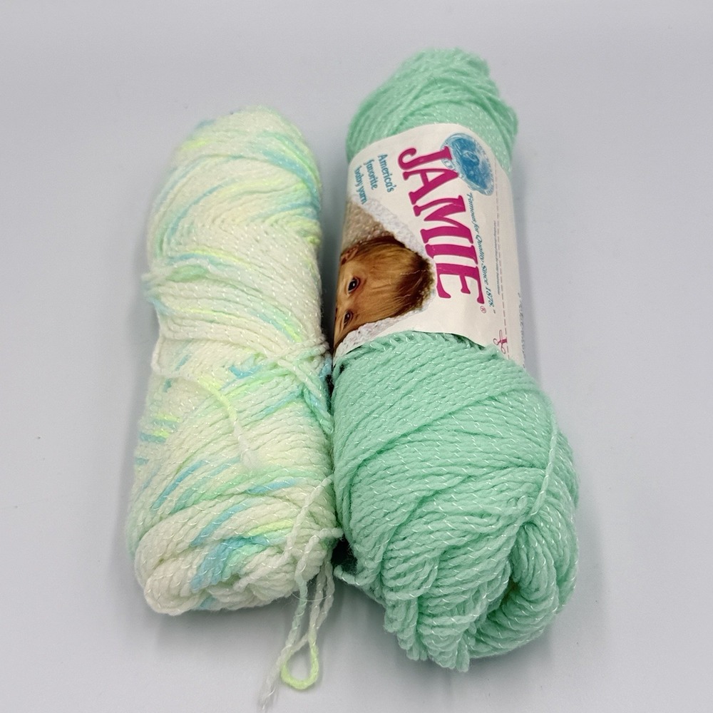 Lion Brand Jamie Baby Yarn Lot 2 Pastel Green Sparkle Knit Crochet Vintage USA